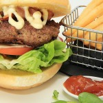 Beef burger with bacon, lettuce & tomato served with fries